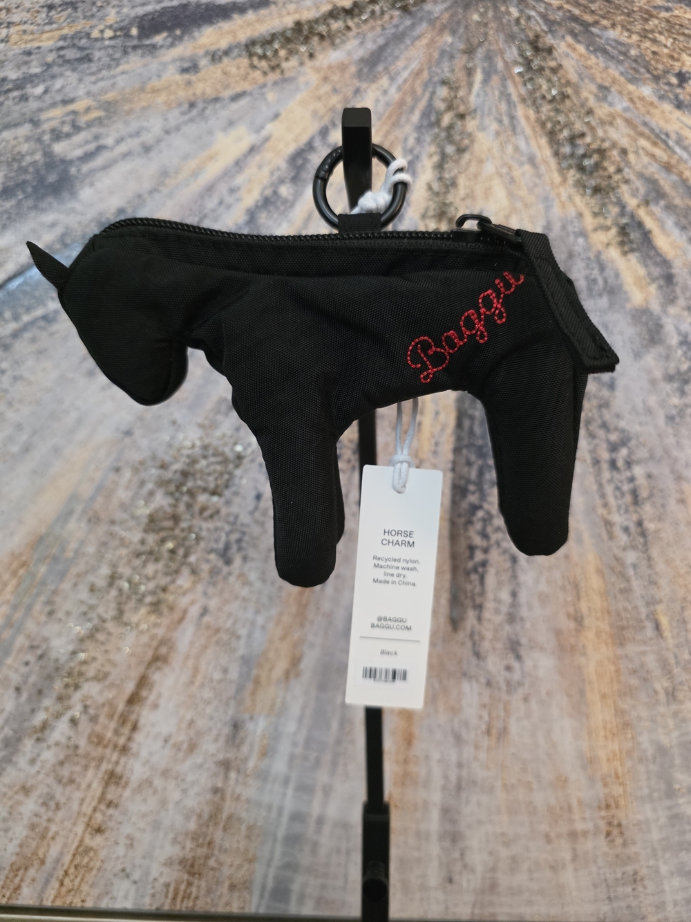 BAGGU Black Horse Charm Pouch with Red Script